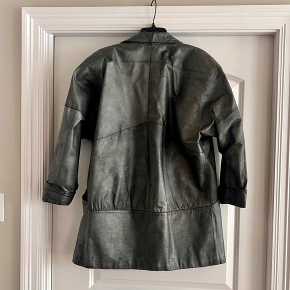 80s Vintage Avanti Leather Coat Blazer Open-Front Draped Metallic Grey Silver - Picture 8 of 11